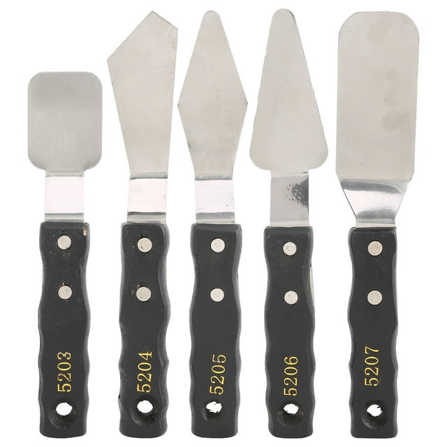 Espátula de paleta de 5 piezas con mango de madera negra, acero inoxidable, para pintura al óleo y acrílica.
