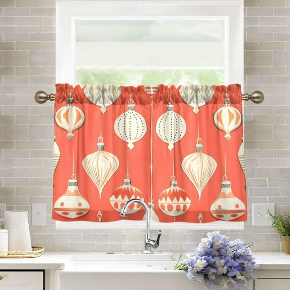 Yayeee Kitchen Curtains Tier Pair Light Filtering 27"x36" Rod Pocket Short Cafe Window Panel, Beige Christmas Ornaments Pattern
