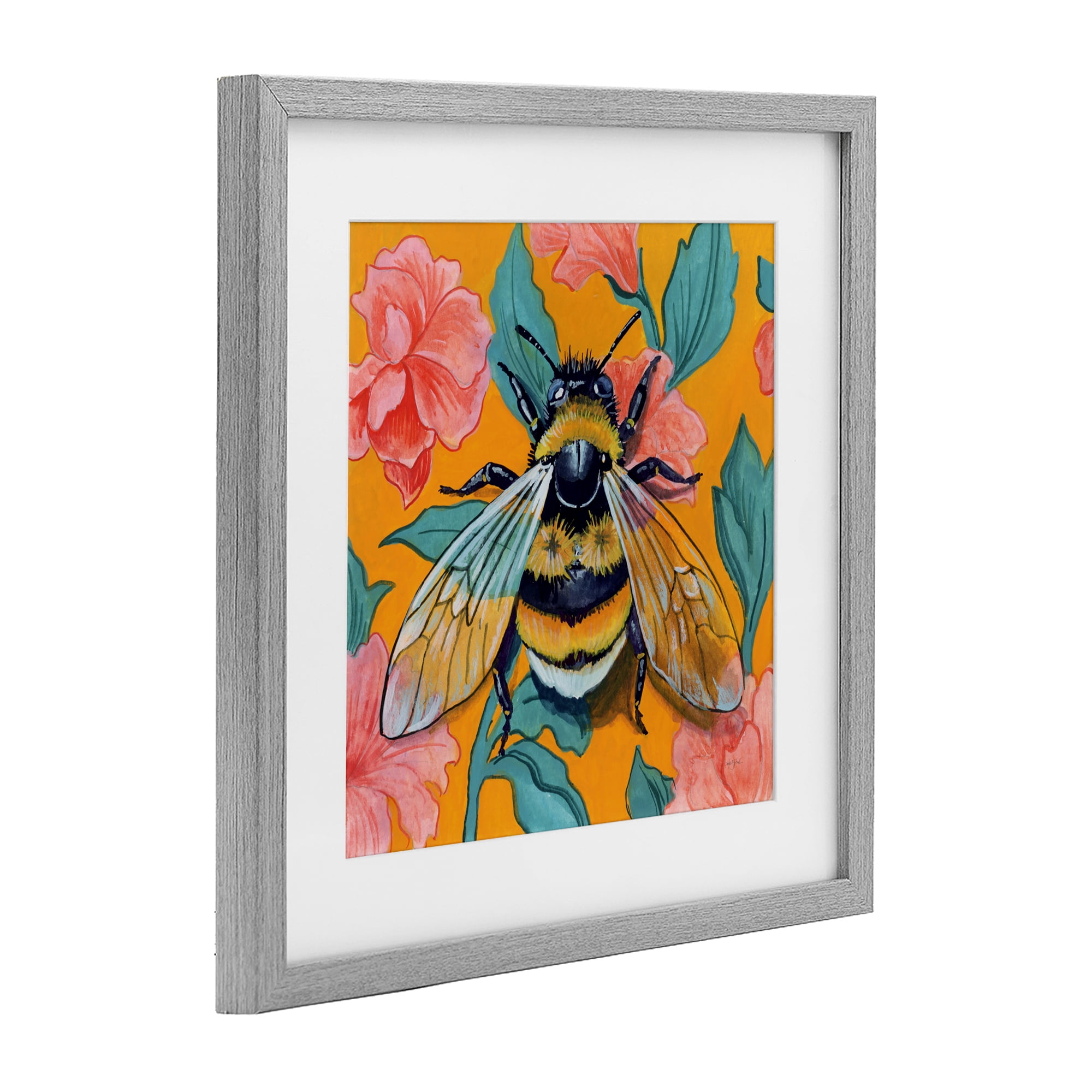 Stupell Industries Bumble Bee & Flower Pattern Gray Framed Print Under Glass, design by Kate Jarvik Birch