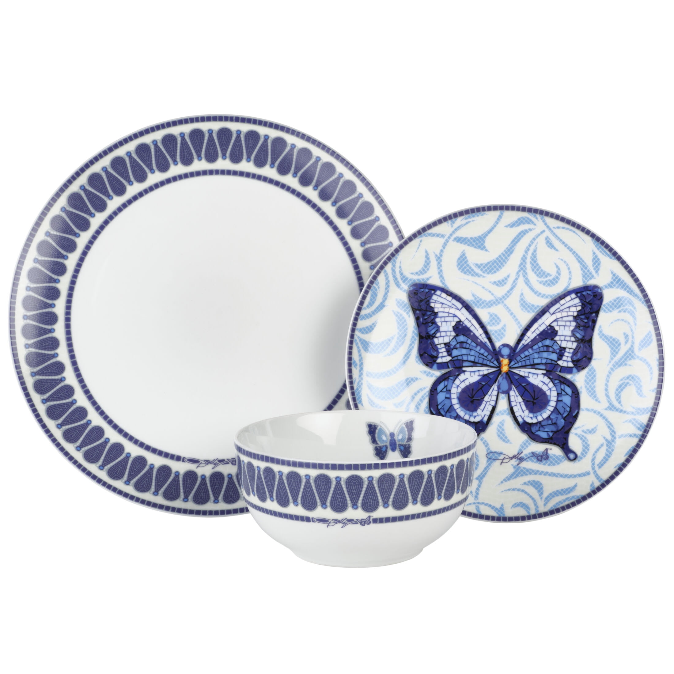 Dolly Parton Jeweled Mosaic 12pc Blue Butterfly Tableware Set