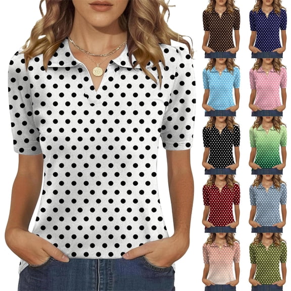 Trgacdwlo Polka Dot Womens Golf Polo Shirt Collared V Neck Women Short Sleeve Tops Summer Retro Boho Polo Shirts for Women Pink XL