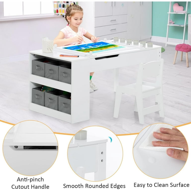 INFANS 2 in 1 Kids Art Table and Chair Set, Toddler Craft Play Wood  Activity Desk with 2 Chairs Paper Roll Storage Canvas Bins for Drawing  Writing
