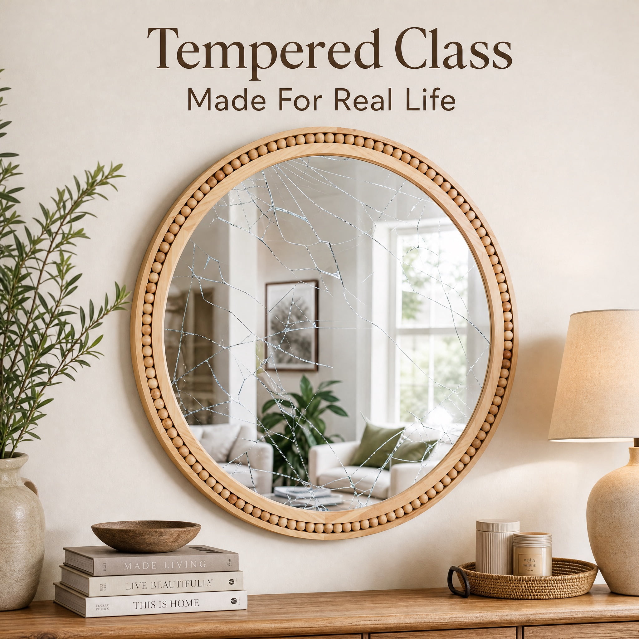 Round Wall Mirror 30 Inch, Solid Wood Framed Mirror with Beaded Trim, Rustic Farmhouse Decor Mirror for Entryway and Bathroom, Natural