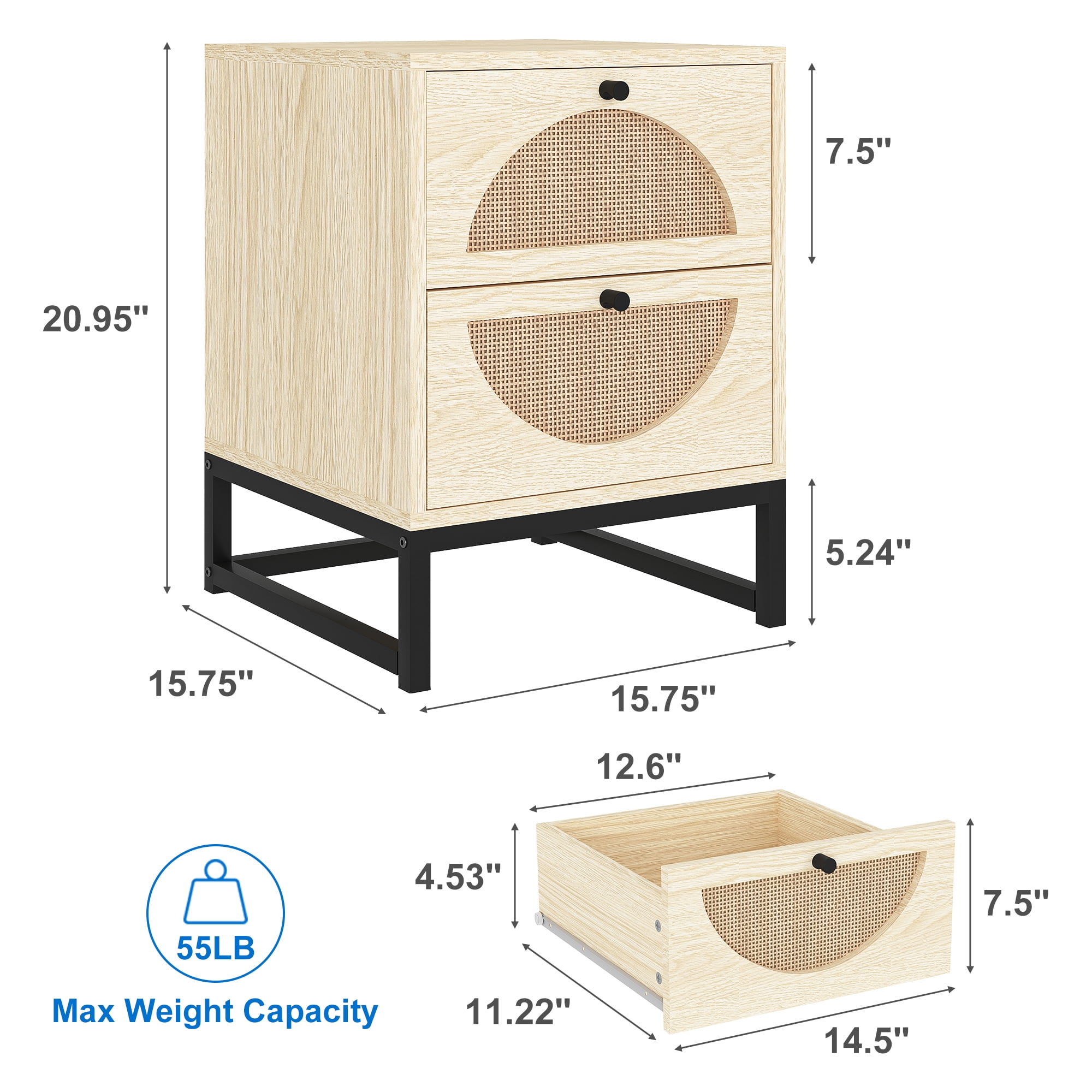 Kadyn Nightstand Set of 2, Bedside Table with 2 Natural Rattan Drawer & Metal Legs, Natural Side Table for Bedroom Kadyn Nightstand Set of 2, Bedside Table with 2 Natural Rattan Drawer & Metal Legs, Natural Side Table for Bedroom