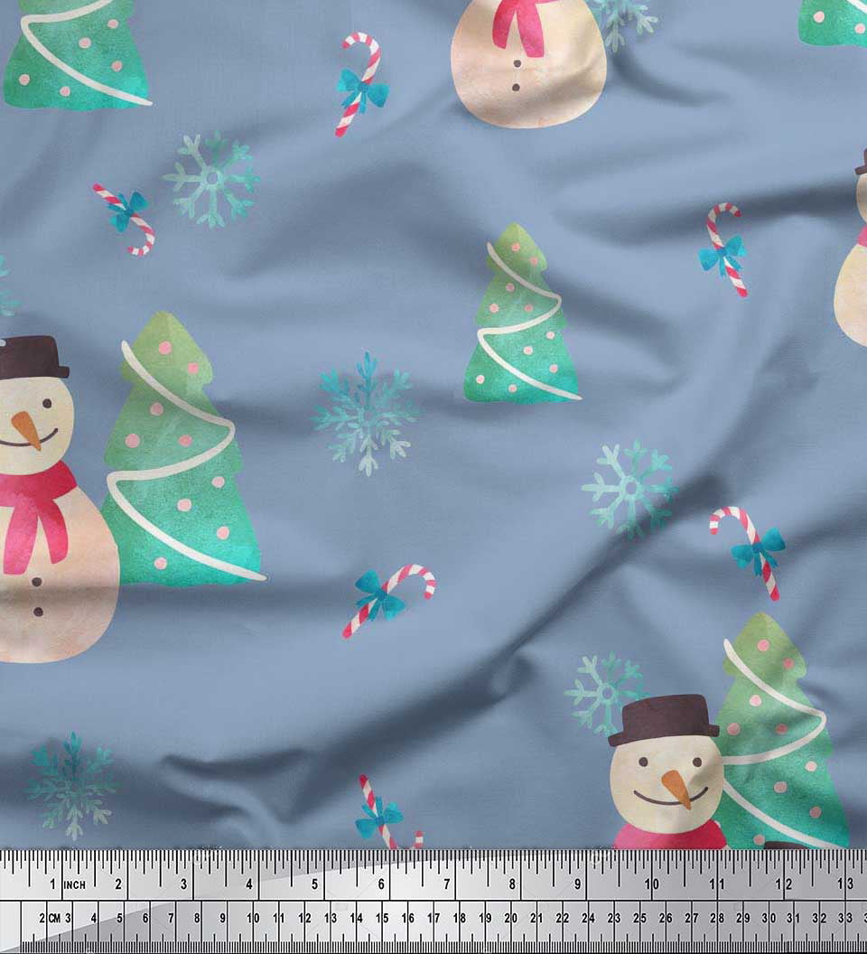 Kids Christmas 100% Cotton Fabric Snowman Xmas Trees Print 58" Wide Per Metre 