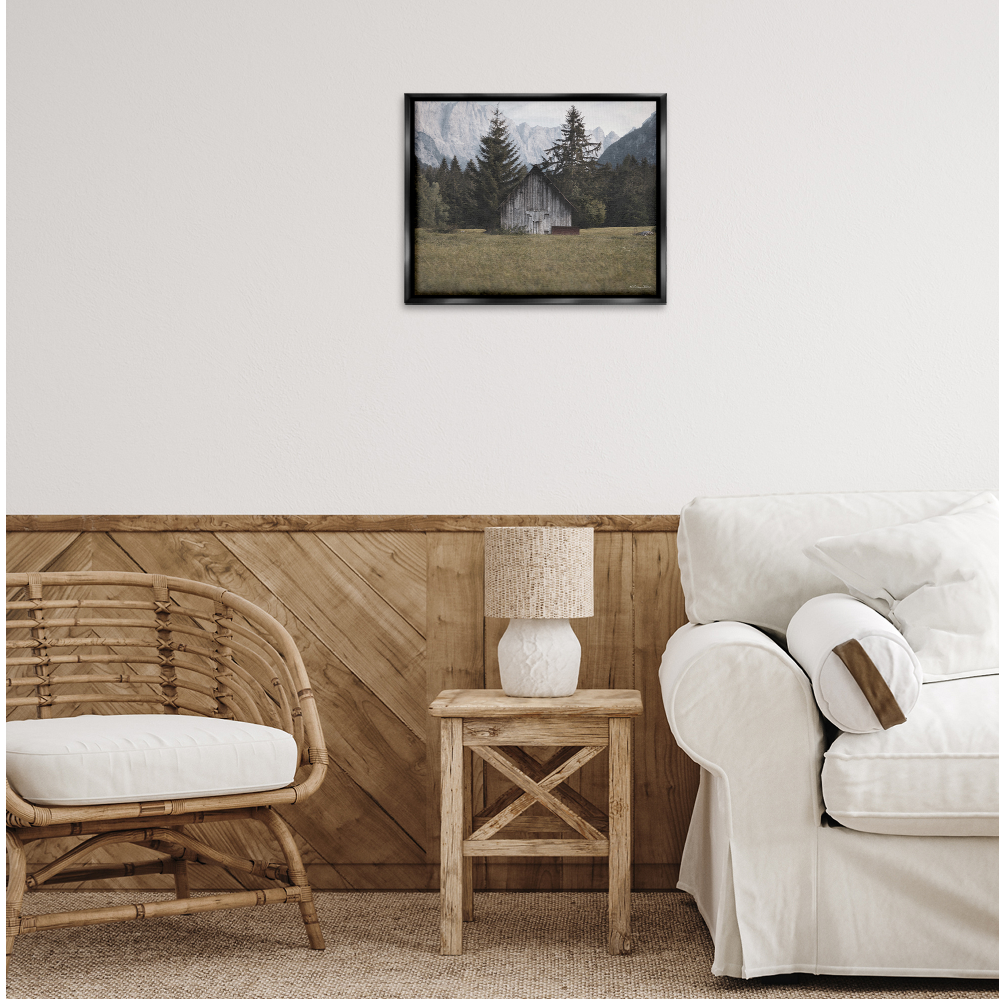 Stupell Industries Rustic Cabin Landscape Landscape Painting Black Floater Framed Art Print Wall Art, 21 x 17