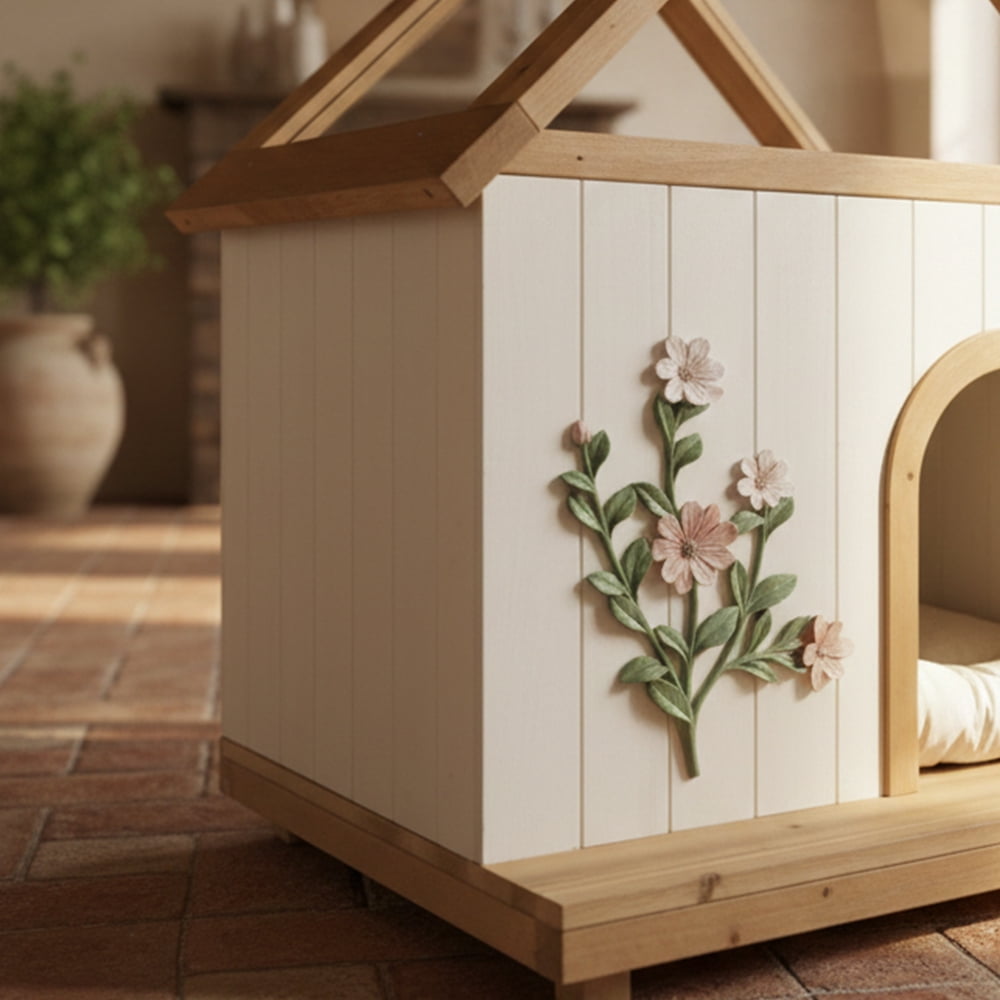 Premium Natural Cedar Pet House – Acrylic Sunroof, Floral Carved Cat Furniture, Luxury Indoor/Semi-Outdoor Dog Shelter for Small Dogs & Cats