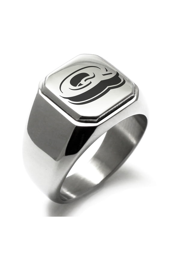 Stainless Steel Letter Q Initial 3D Monogram Engraved Engraved Square Flat Top Biker Style Polished Signet Ring