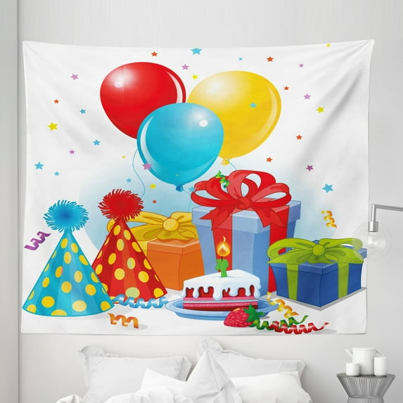 Party Tapestry, Multicolor Slice of Strawberry Pie Party Set up with Hats Balloons Presents Stars, Fabric Wall Hanging Decor for Bedroom Living Room Dorm, 5 Sizes, Multicolor, by Ambesonne