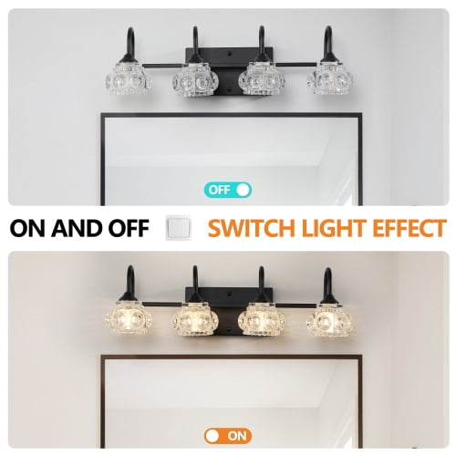 Hi-LIGHTS,Retro 4-Light Bathroom Vanity Light Fixture with Crystal Glass Shades(Bulbs Not Included),Wall Mounted Lighting for Bathroom,Dressing Room,Powder Room and Vanity Mirror(Black）