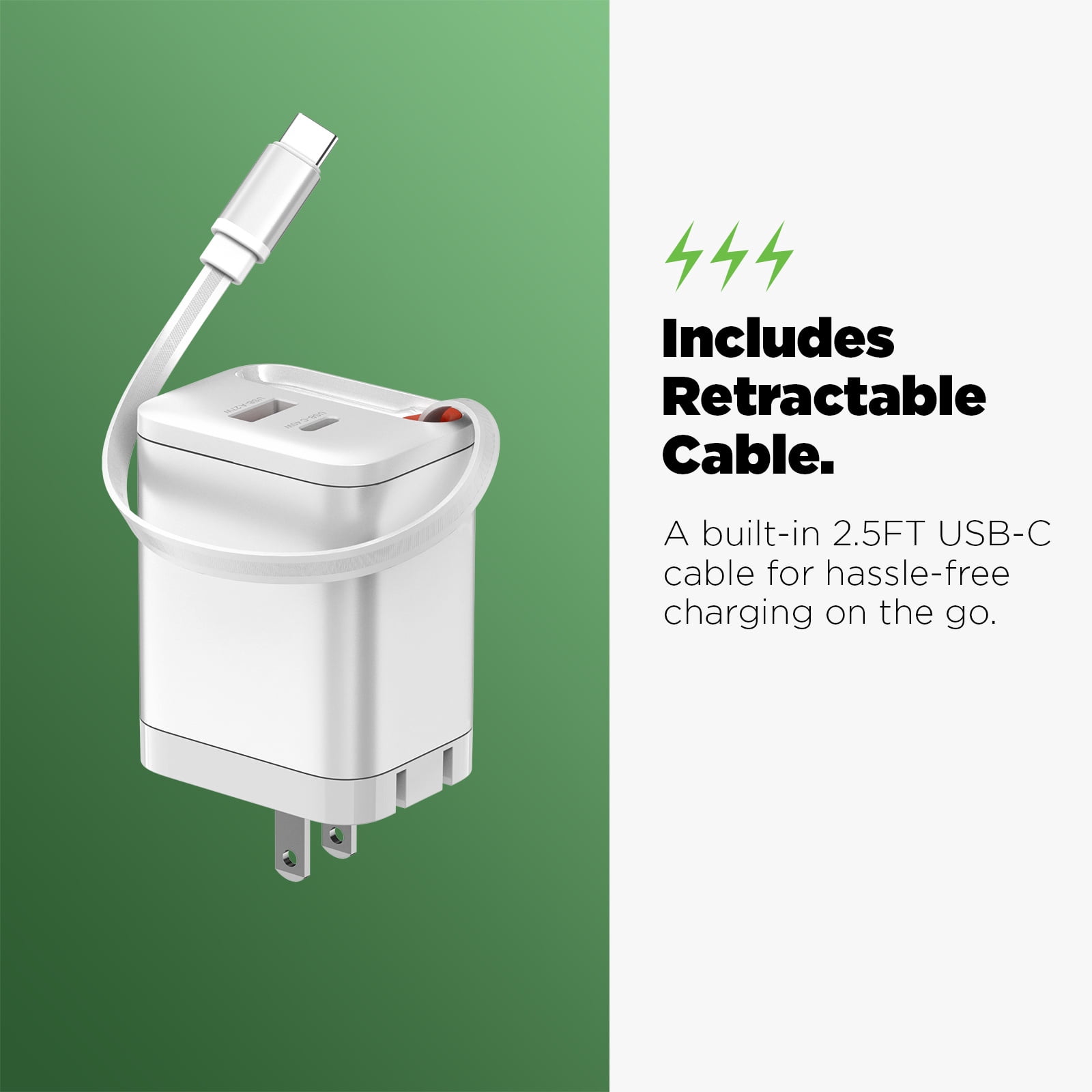 MyBat Pro  PowerSurge 40W+ Dual-Port GaN Charger with Retractable USB-C Cable - White