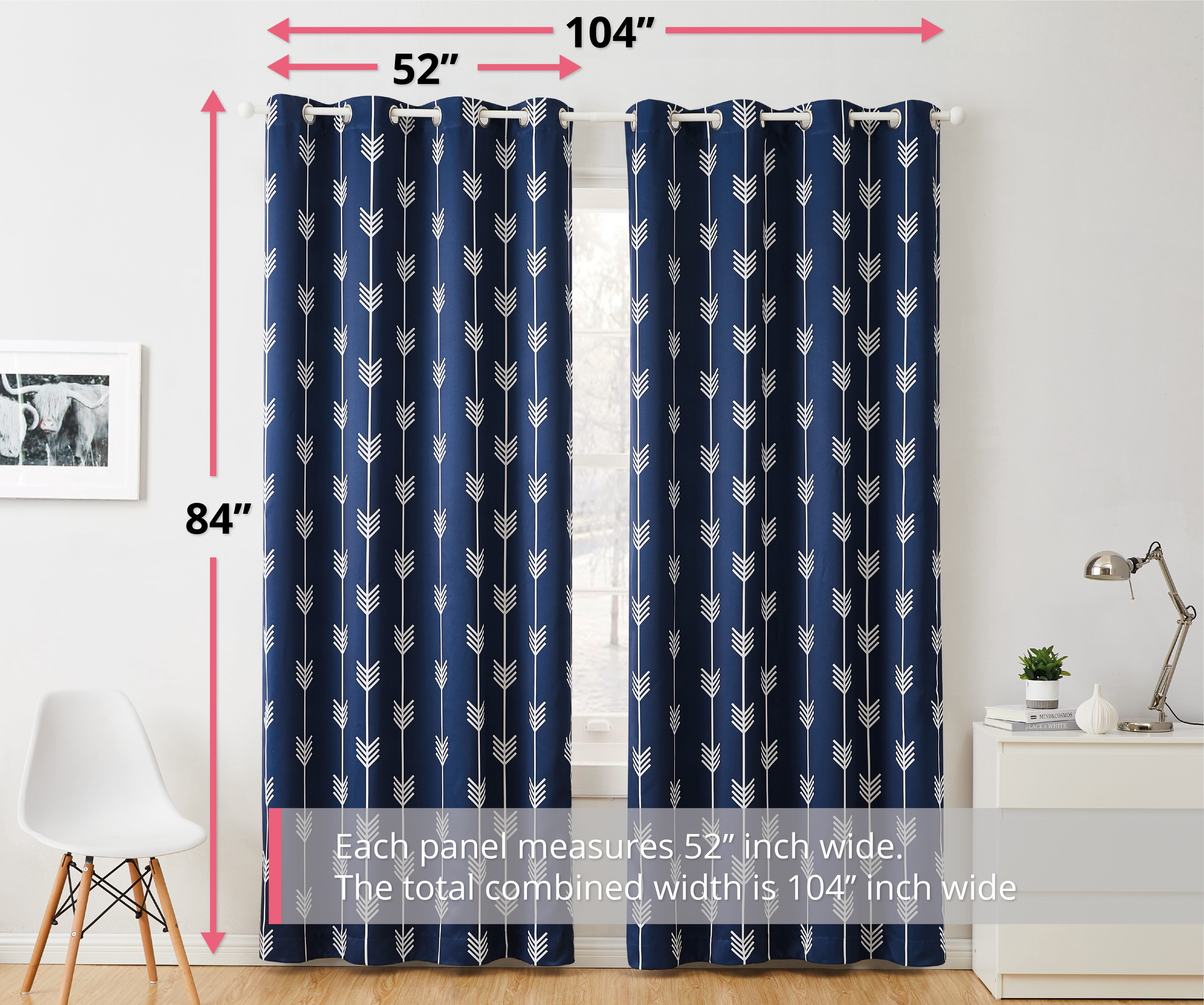 THD Arrow Printed Blackout Room Darkening Thermal Grommet Window Curtain Drape Panels for Bedroom - Set of 2 - Navy Blue - 84" inch Long