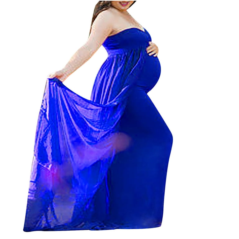 Women's Off Shoulder Sleeveless Maternity Gown Mermaid Maxi Photography  Dress for Baby Shower Photo Ruffled Nursing Props Dress 