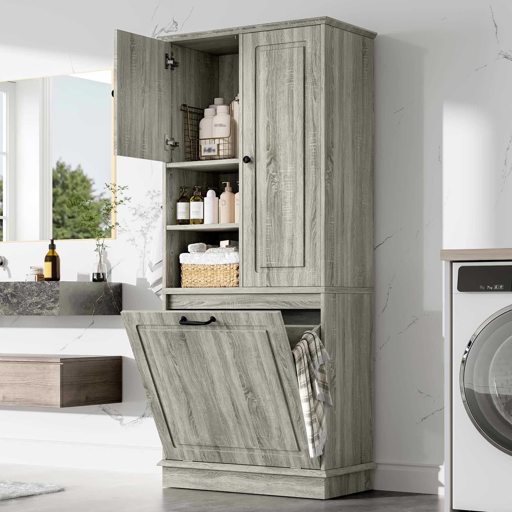 MAYEERTY Tall Storage Cabinet, Adjustable Shelves Large Flip-Out Basket Enclosed Cabinets MDF Aluminum Alloy Handles, Bathroom Living Room Office