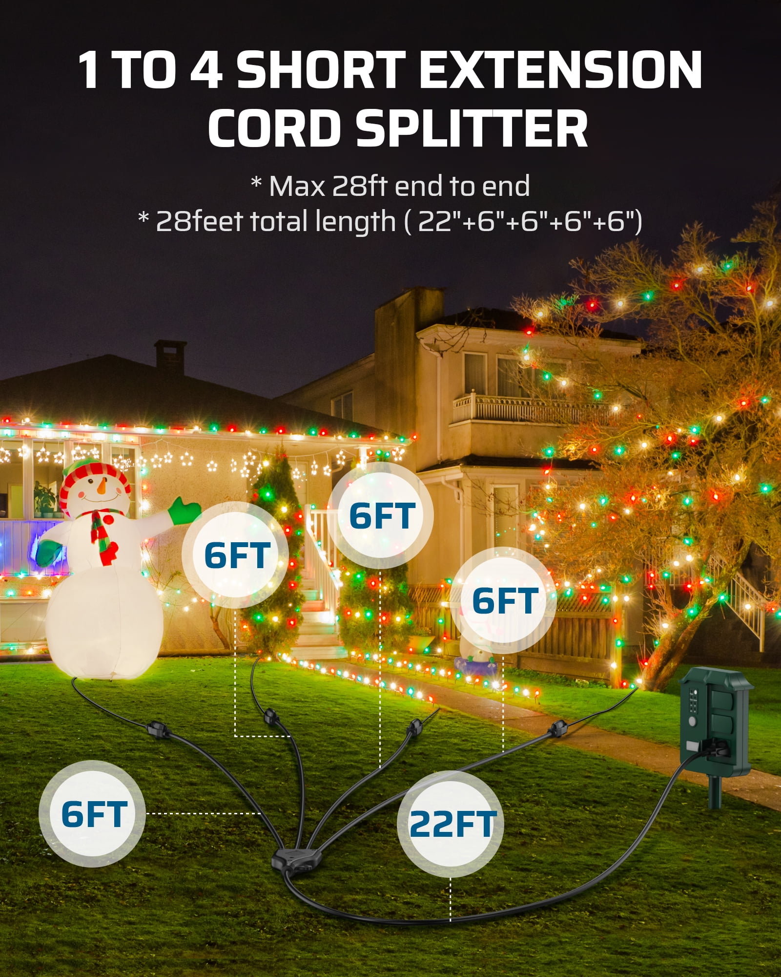 DEWENWILS 46 FT (22'+6'+6'+6'+6') Outdoor Extension Cord with 4 Outlets for Christmas Lights