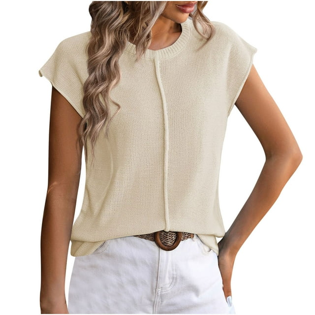 AherBiu Hauts en Tricot pour Femmes Manches Courtes Blouse Décontractée Habillée Col Rond Pull Ample Couleur Unie