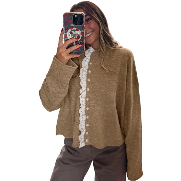 Women's Simply Taupe Frilled Lace Trim Cardigan – Casual Sweater for Daily Wear | XL