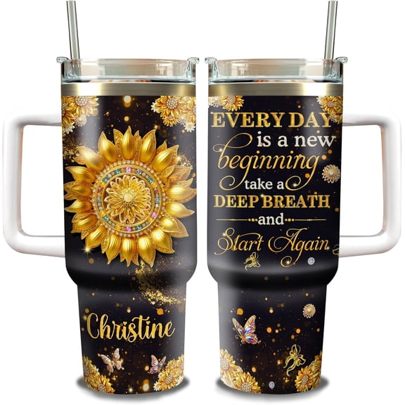 Personalized Sunflower Tumbler 40oz with Handle and Straw Every Day Is A New Beginning Motivational Sayings Custom Name Gifts For Women Friends Stainless Steel Tumblers Travel Cup Mug