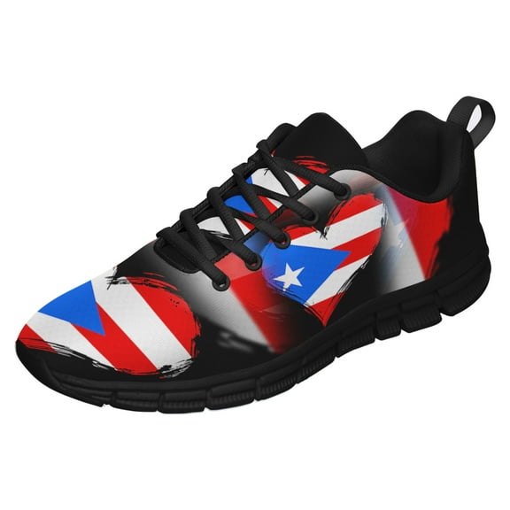 Puerto Rican Flag Heart Shoes for Men Women Running Sneakers Breathable Casual Sport Tennis Shoes Gift for Him Her Black Size 3.5
