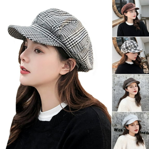 SPRING PARK Vintage Unisex Men Women Autumn Winter Plaid Warm Beret Hat Outdoor Wide Brim Casual Octagonal Cap