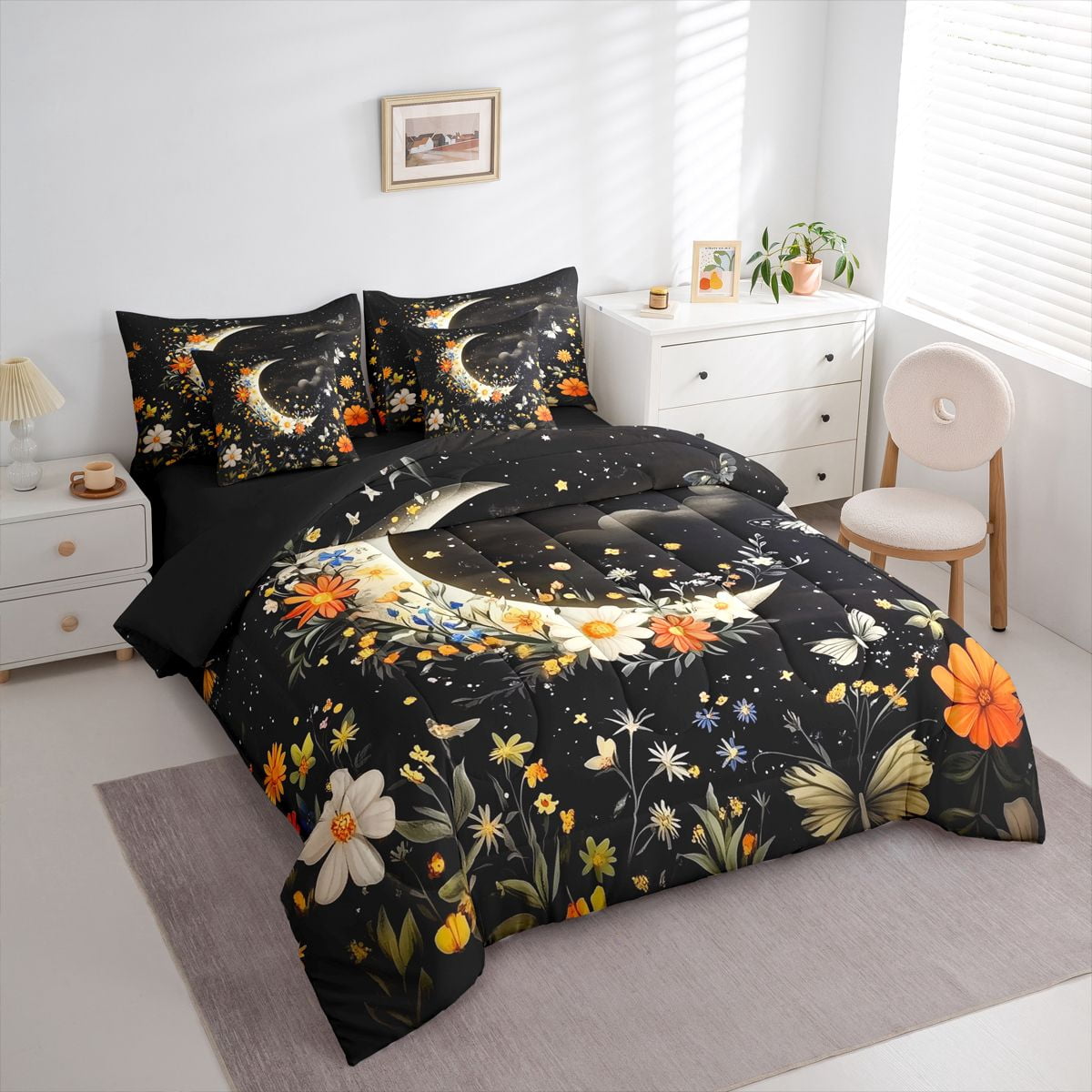 Homewish Chic Flowers 7-Piece Twin Bedding Sets For Teens Boys Girls,Floral Butterflies Bedding Comforter Set,Starry Sky Moon Breathable Sheet Sets,Luxury Bedroom Decor,Reversible