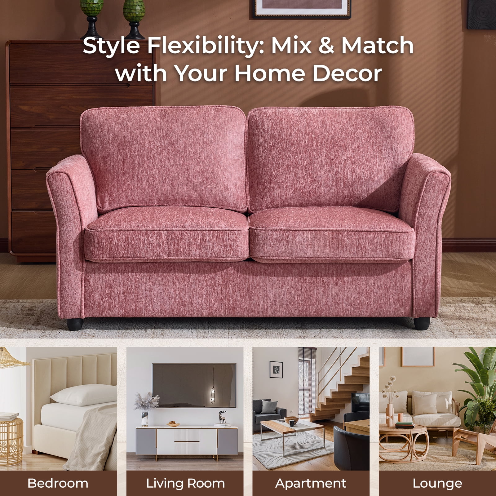 Ktaxon 68" Loveseat Sofa, 2-Seater Chenille Fabric Couch, Compact Sofa for Living Room, Bedroom, Apartment, Small Spaces Pink