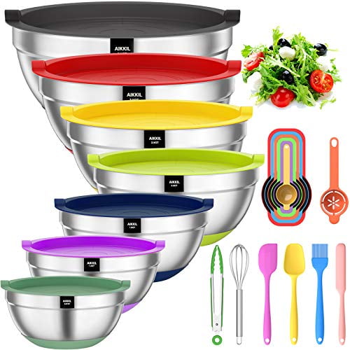 4PCS Measuring Spoons,6PCS Lids Multicolor, 18 2PCS Fork Includes 6PCS Mixing Bowls AIKKIL Mixing Bowls Set- Plastic Nesting Salad Bowls Set Ideal for Mixing & Serving 