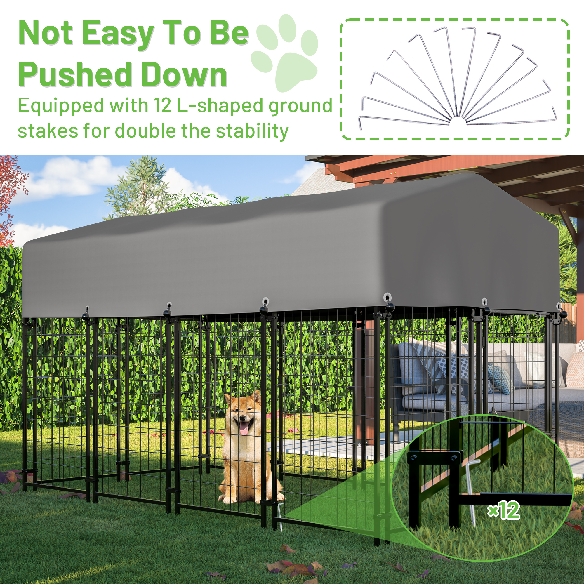 Outdoor Dog Kennel with Roof, 7.8'x3.8'x4.8' Welded Wire Dog Kennel Outside Run with 360° Rotating & 2 Bowls, for S&M&L Breeds, Chickens, Ducks