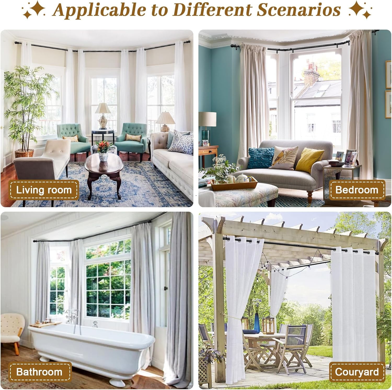 Bay Window Curtain Rods  U Shaped Adjustable Curved For Windows 59 To 184 Inches Black 1 Inch Renter Friendly Heavy Duty With Brackets Bedroom Living Room Curtains