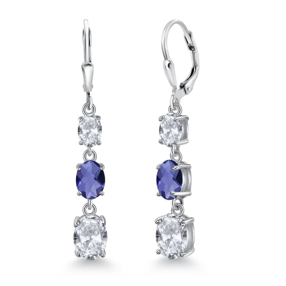 Gem Stone King 925 Sterling Silver White Topaz and Blue Iolite 3 Stone Dangle Earrings for Women (5.50 Cttw, Gemstone November Birthstone, Oval 8X6MM, 7X5MM and 6X4MM)