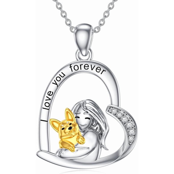 SOULMEET Corgi Dog Heart Necklace Sterling Silver Pembroke Welsh Corgi Dog and Lady Necklace Gift for Women