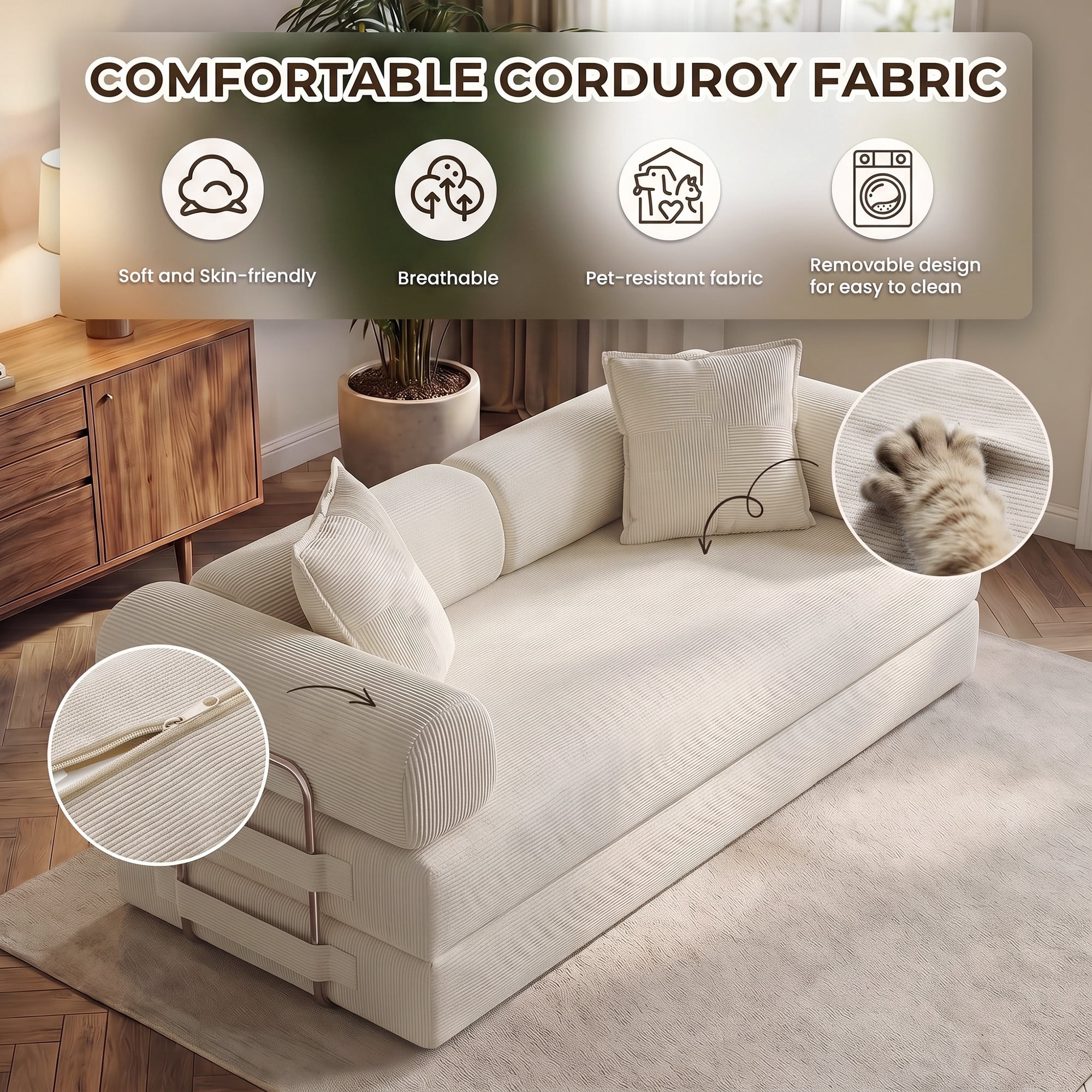 Aukfa 79" Convertible Futon Sofa Bed with Fixed Frame, 5-in-1 Boneless Couch for Living Room, Corduroy, White