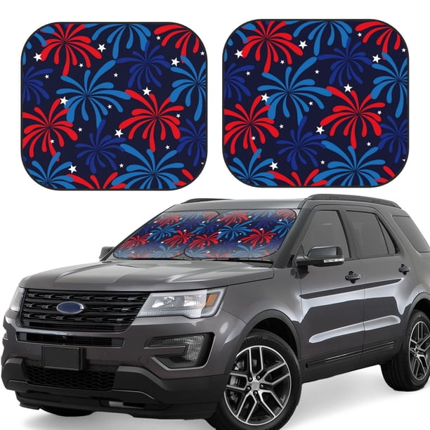 Fotbe Red White Blue Fireworks Juego de 2 Piezas de Parasoles para Parabrisas | Bloqueador Solar para Auto | Accesorios Plegables para Protección Solar Interior-Medium