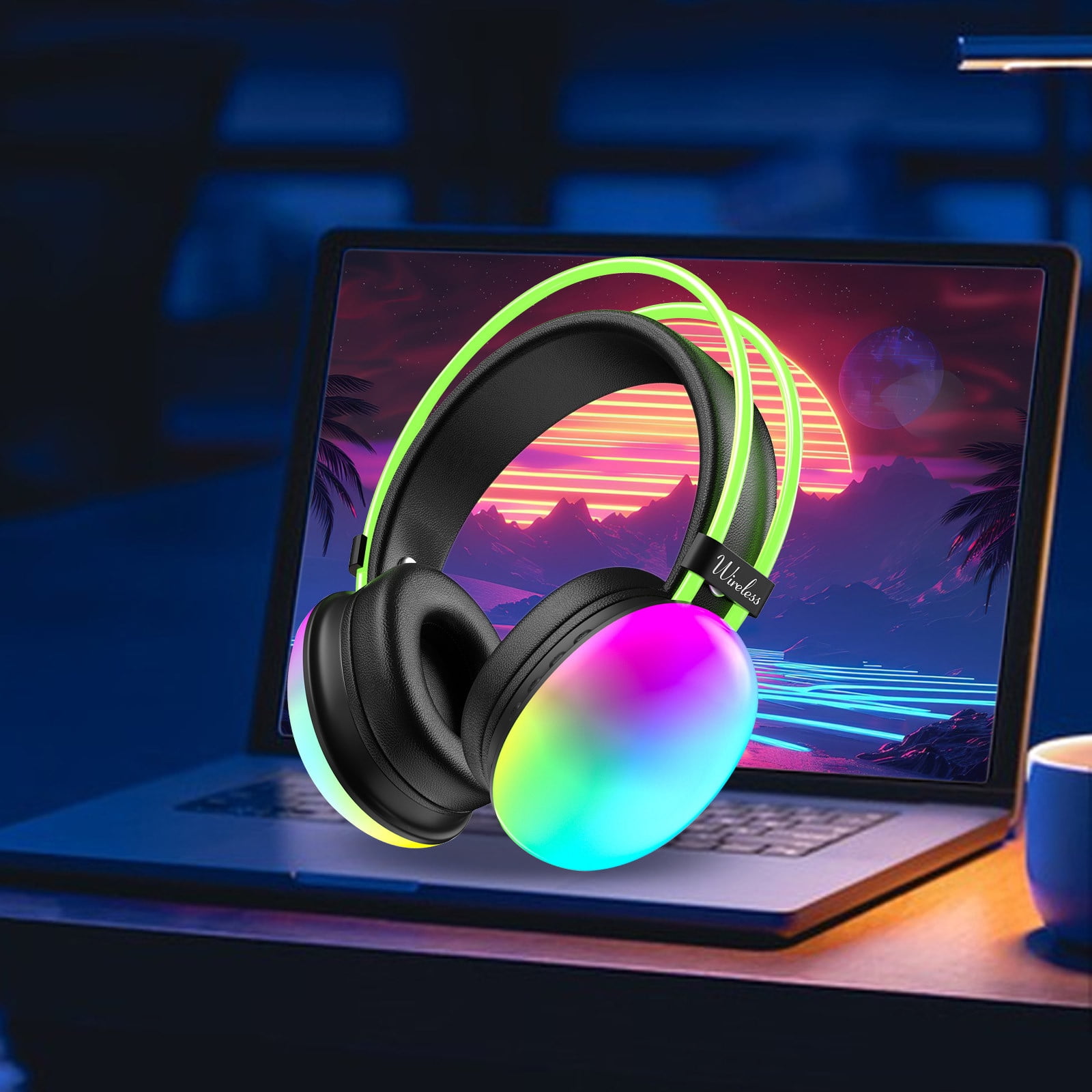 RFUGUG Wireless Bluetooth Headphones, Subwoofer Gaming Headset, Bluetooth 5.3 Music and Sports Earphones, LED Light-Up Over-Ear Headphones for Mobile and Computer Use