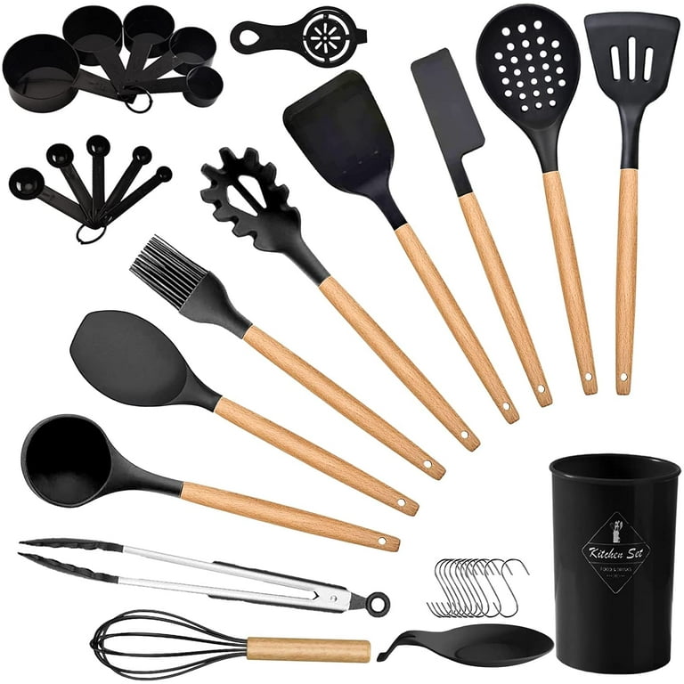 Silicone Cooking Utensils, 11Pcs Wooden Cooking Utensils With Holder,  Non-Stick Non-Scratch Kitchen Set With Wooden Handle Spatula Spoon Ladle  Whisk
