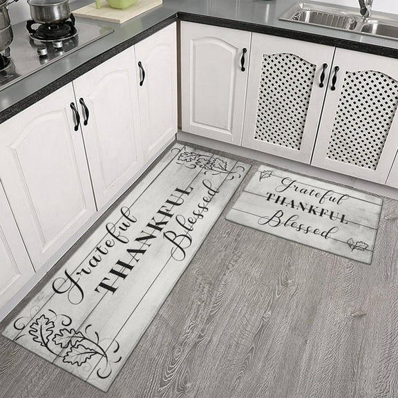 Grateful Thankful Blessed Kitchen Rugs Set of 2 Wood Non-Slip Kitchen Rug and Mat Cushioned Comfort Kitchen Standing Rug for Kitchen Floor Farmhouse Thanksgiving Decor 17"x47" 17"x30"