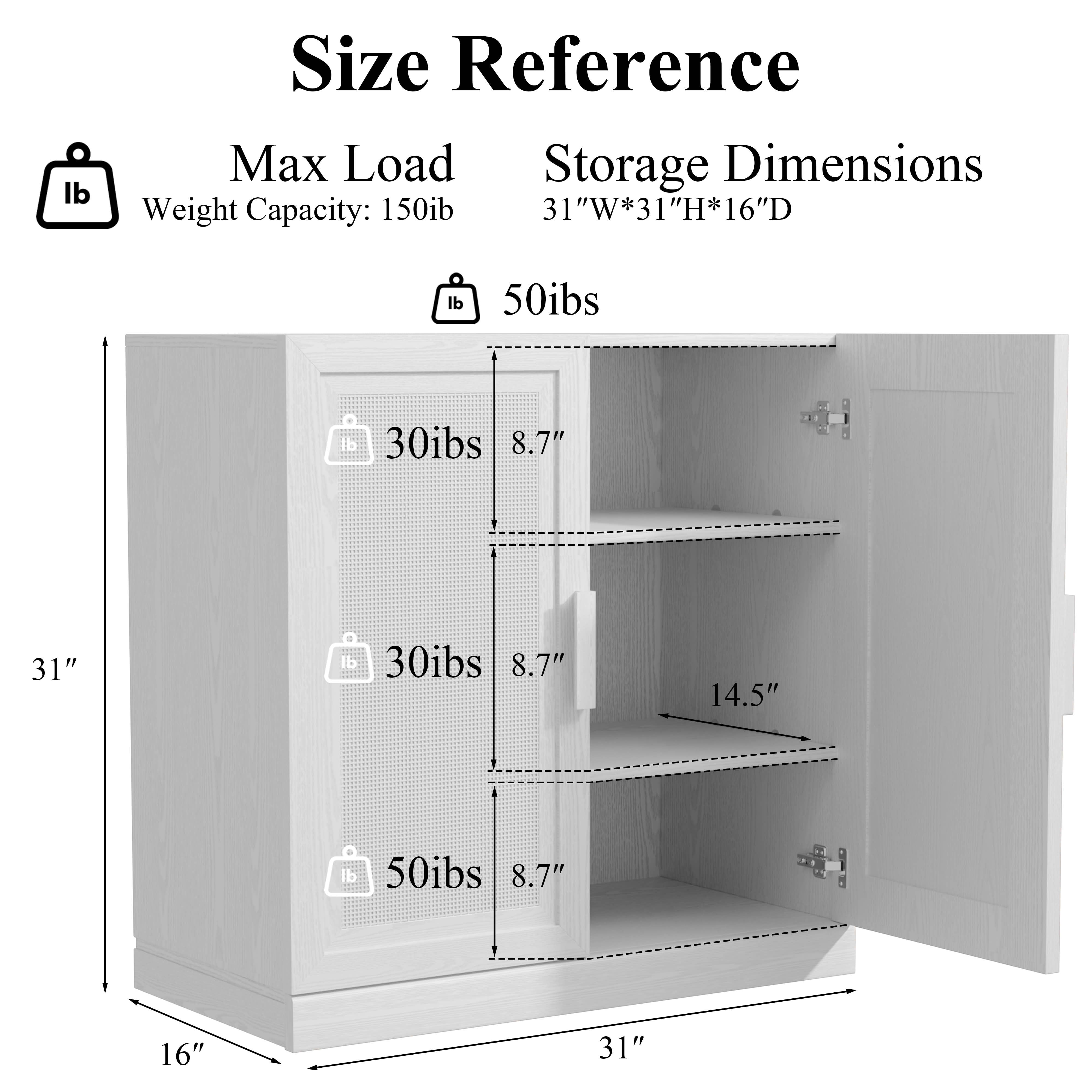 MAYEERTY 31x31x16 Inch White Wood Grain Storage Cabinet with Rattan Door for Living Room