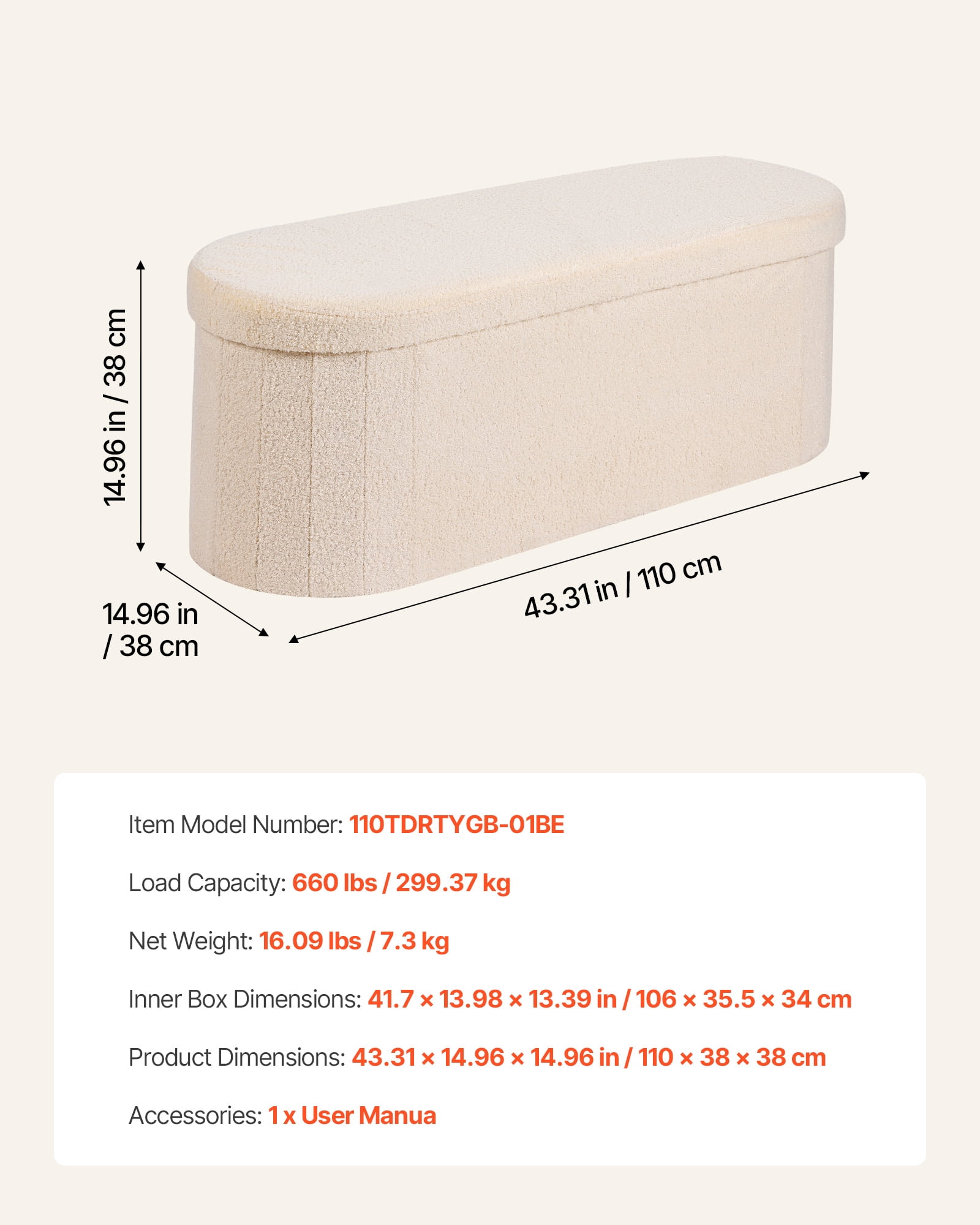 VEVOR Oval Storage Ottoman Bench, Foldable Teddy Fleece End of Bed Bench, Folding Upholstered Bed Ottoman Chest with Large Storage Space, Supports 660 lbs, for Living Room, Bedroom, Entryway, Beige