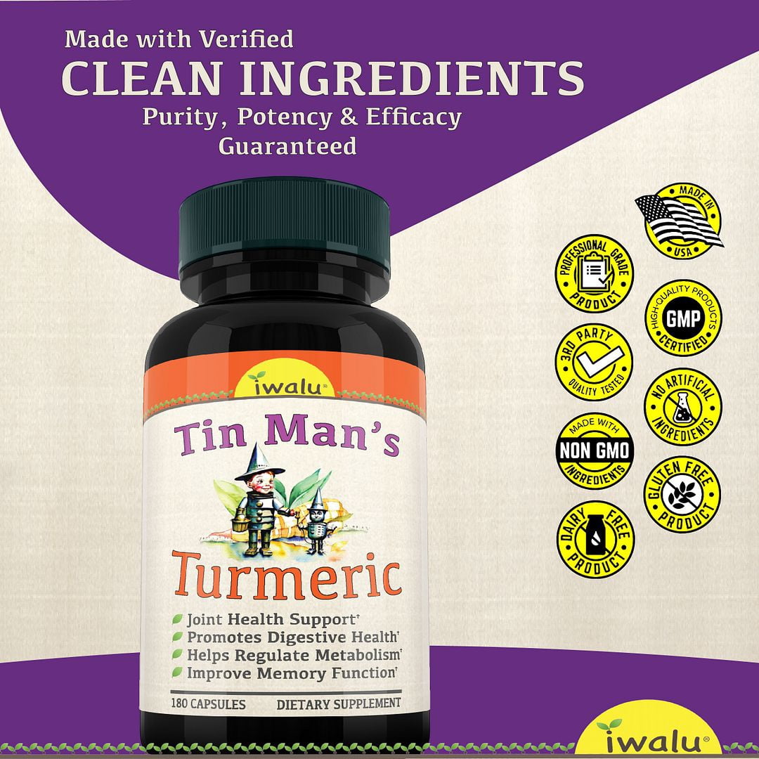 Tin Man's Turmeric | Fast Acting Joint Support Supplement - Glucosamine Chondroitin Supplements MSM Complex - with Boswellia, Quercetin for Joints, Bones, Knees & Mobility - Iwalu USA - 180 Capsules