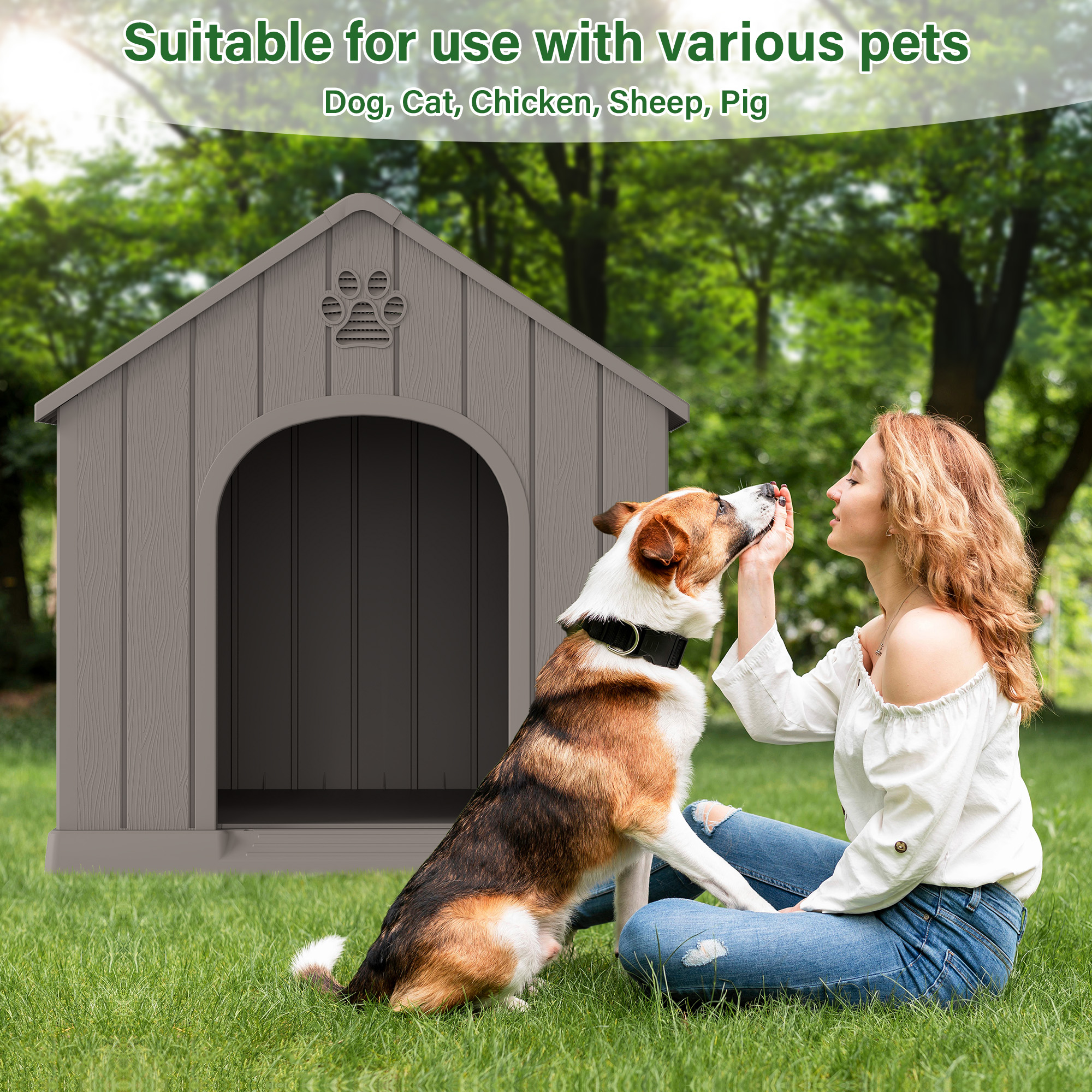 Nihsuao Dog House for Medium Large Dogs, Durable PP Waterproof Outdoor & Indoor Dog Shelter with Air Vents, Elevated Floor, Easy Clean and Assemble, Gray (36.2"L×38"W×38"H)