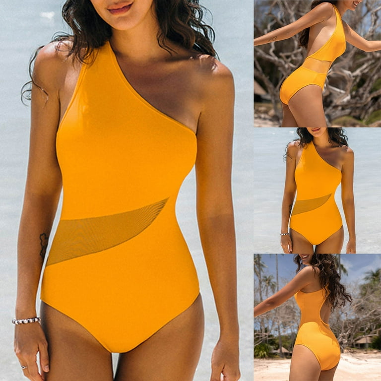 Herrnalise Bodysuit for Women Tummy Control Shapewear Seamless Women's  One-shoulder Solid Color Cut-out Mesh Panel Slimming One-piece Swimsuit