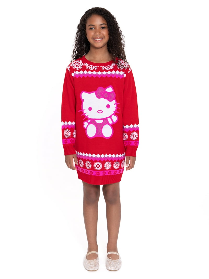 Hello Kitty Girls Holiday Sweater Dress with Long Sleeves, Sizes 4-12