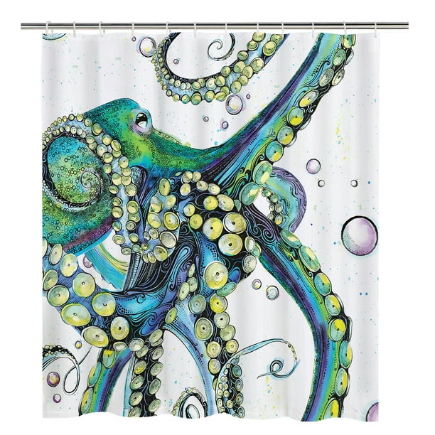 Ikfashoni Green Teal Octopus Shower Curtain with Hooks, Waterproof