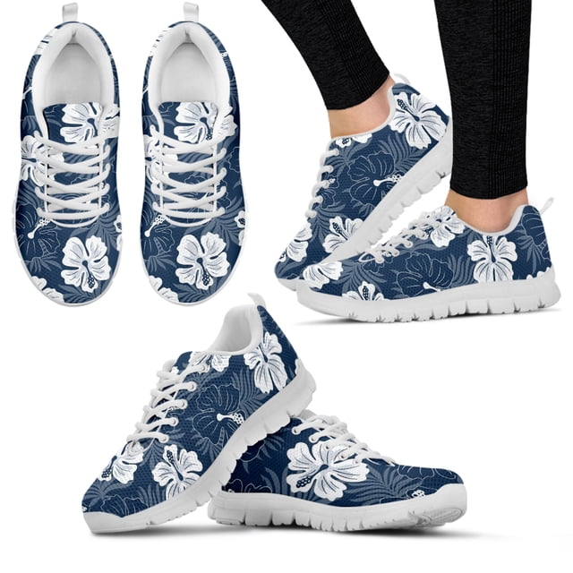 Zapatillas de deporte de diseño de plantas tropicales hawaianas para mujer, zapatos con estampado de hojas de palma de hibisco, zapatos casuales azules, zapatos