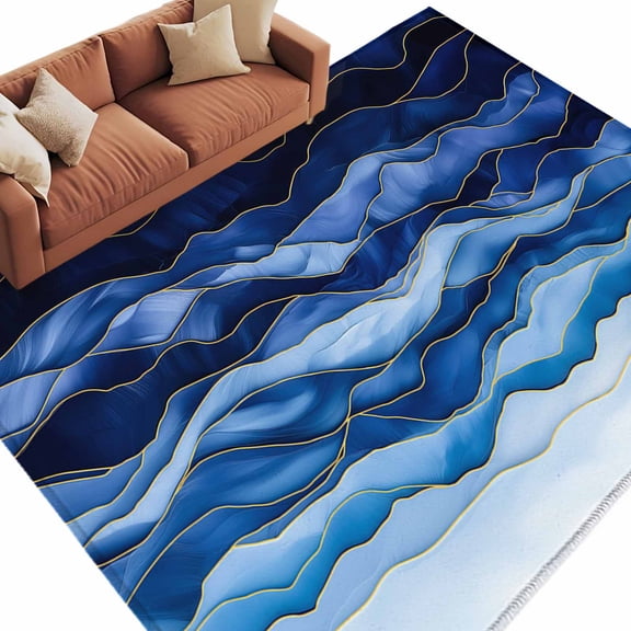 Navy Blue Ombre Large Area Rugs for Bedroom Living Room, Soft Non Slip Carpet Bedside Rug, Modern Moire Abstract Art Luxury Rectangular Floor Cover Kitchen Accent Rug 8'x10' for Dining Room/Office