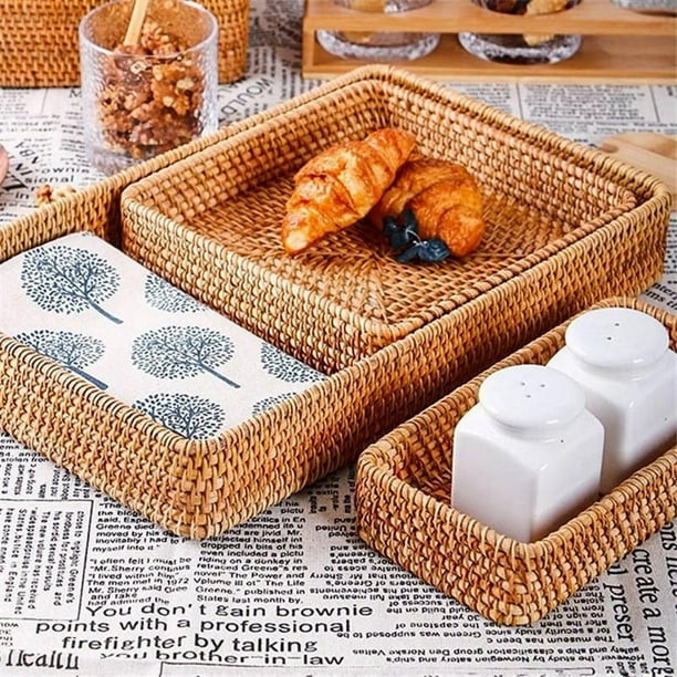 Cesta de Almacenamiento Tejida a Mano Bandeja de Almacenamiento de RatáN Cestas de Mimbre Pan Fruta Comida Desayuno Caja de ExhibicióN DecoracióN del Hogar -C