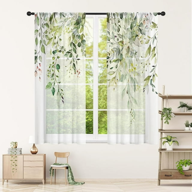 Spring Summer Sheer Curtains 63 Inches Long 2 Panels, Sage Green Semi Sheer Curtains Light Filtering, Eucalyptus Leaves Textured Drapes for Bedroom Living Room Dining Room, 52" X 63"