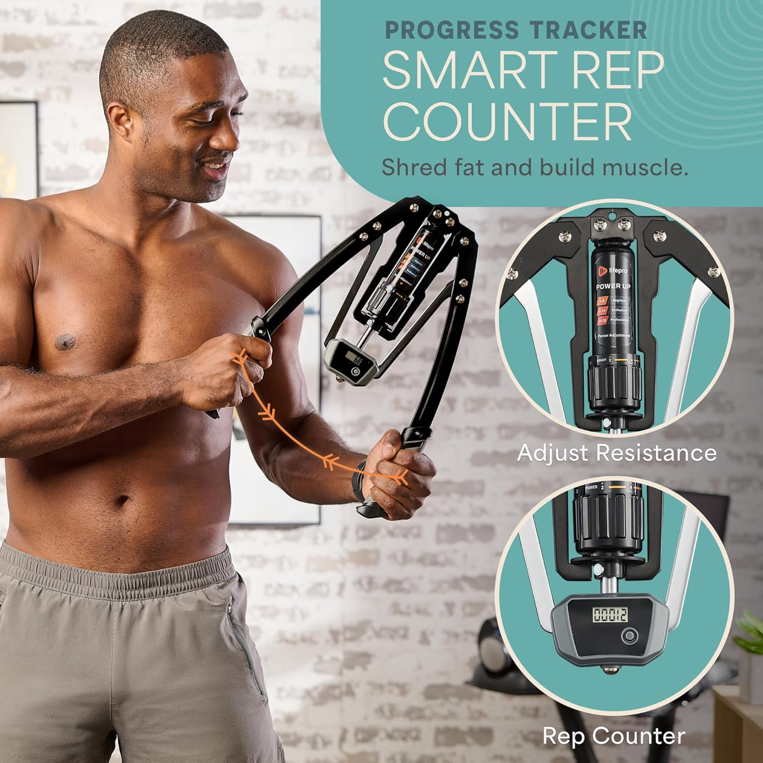 Lifepro Hydraulic Power Twister Arm Exerciser – Adjustable 22–440lb Chest Expander with Smart Rep Counter, Upper Body Strength Trainer for Home Gym Workouts - Gray
