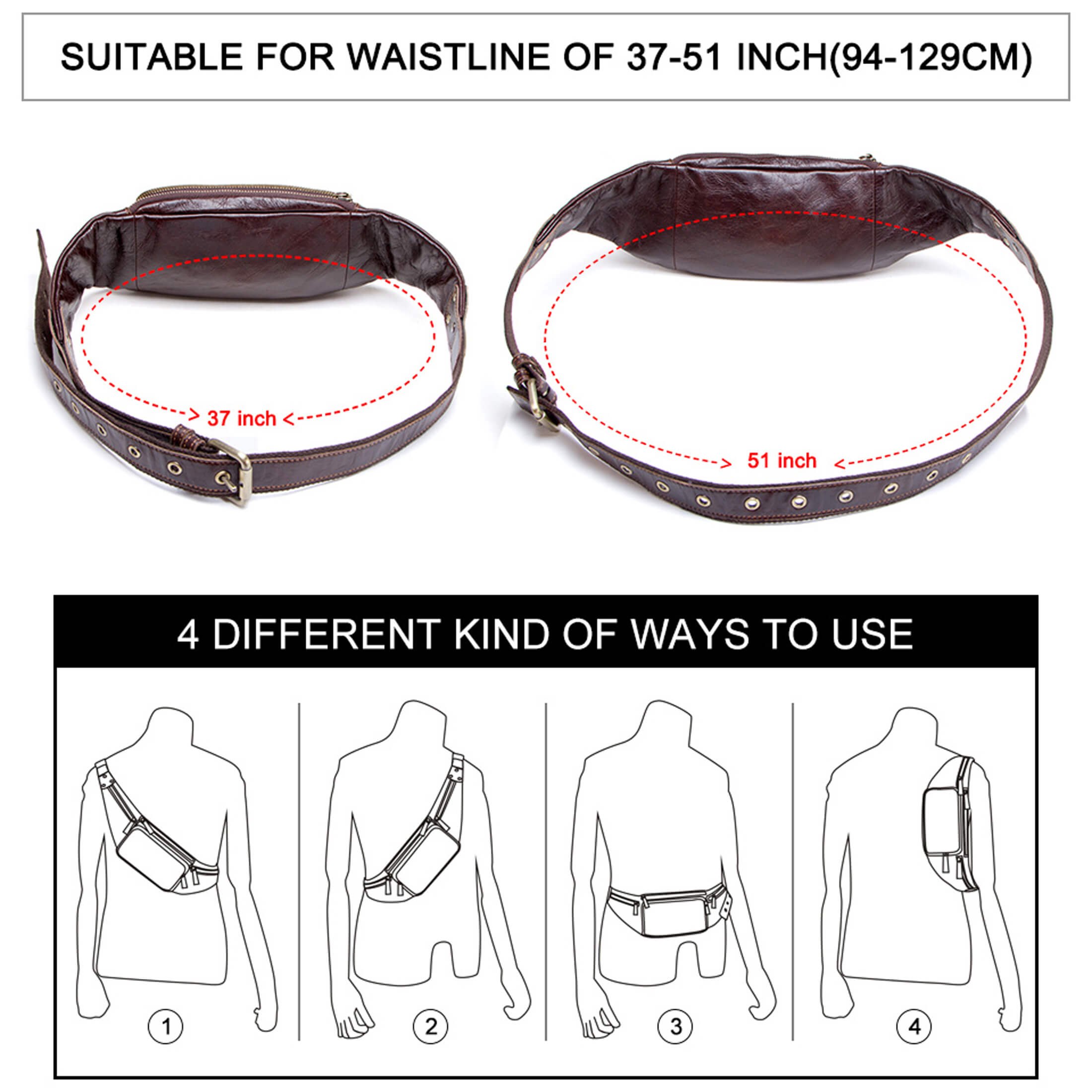 Contact's Genuine Leather Slim Waist Pack for Man & Woman, Vintage Design & 4 Zipper Pockets & Adjustable Strap, Handmade, Large Capacity Fanny Pack Crossbody Belt Bag for Travel or Ride, Coffee