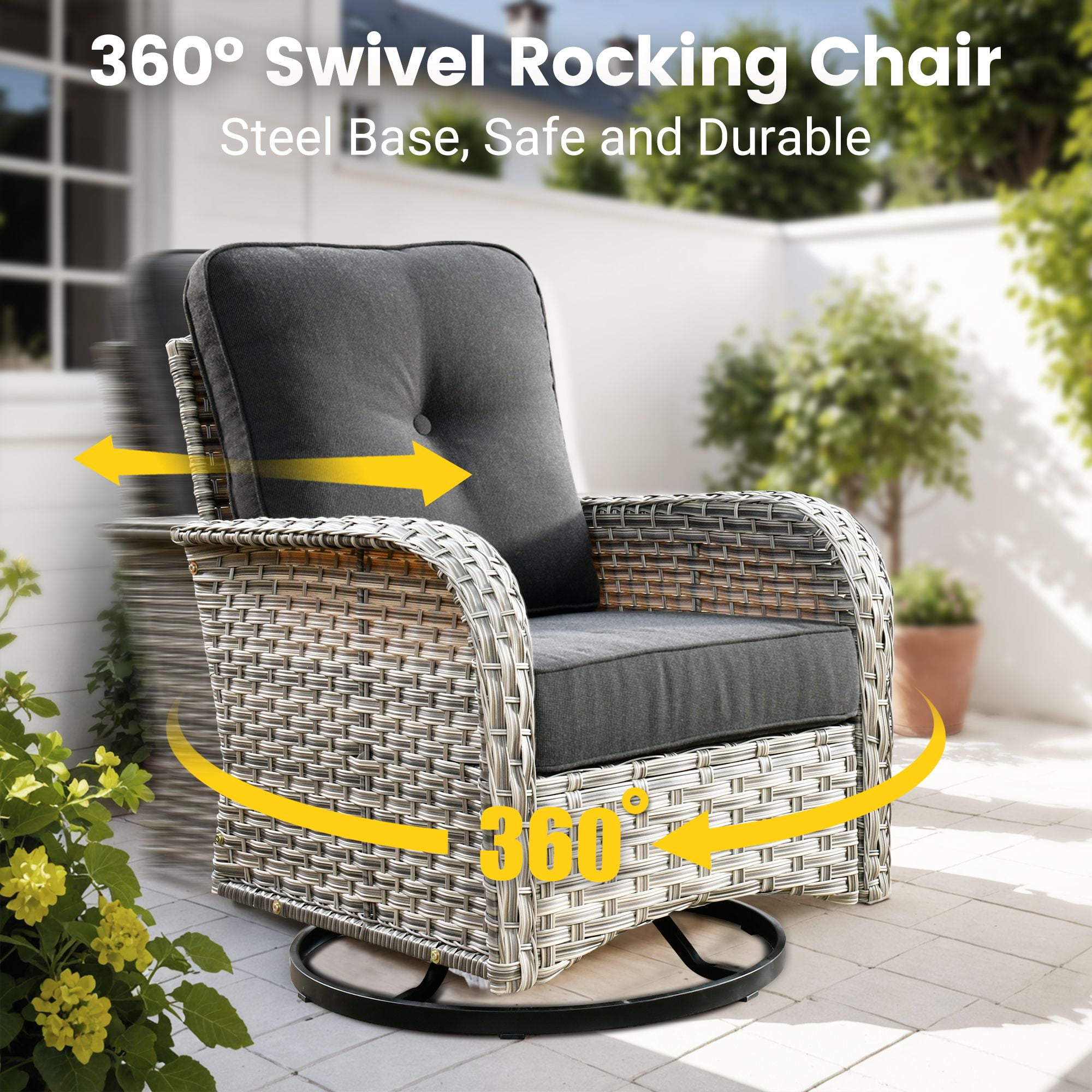 Vcatnet 3 Pieces Outdoor Patio Furniture Wicker Swivel Rocking Chair Swivel Rocker Patio Chairs Set of 2 with Side Table for Porch, Backyard, Black
